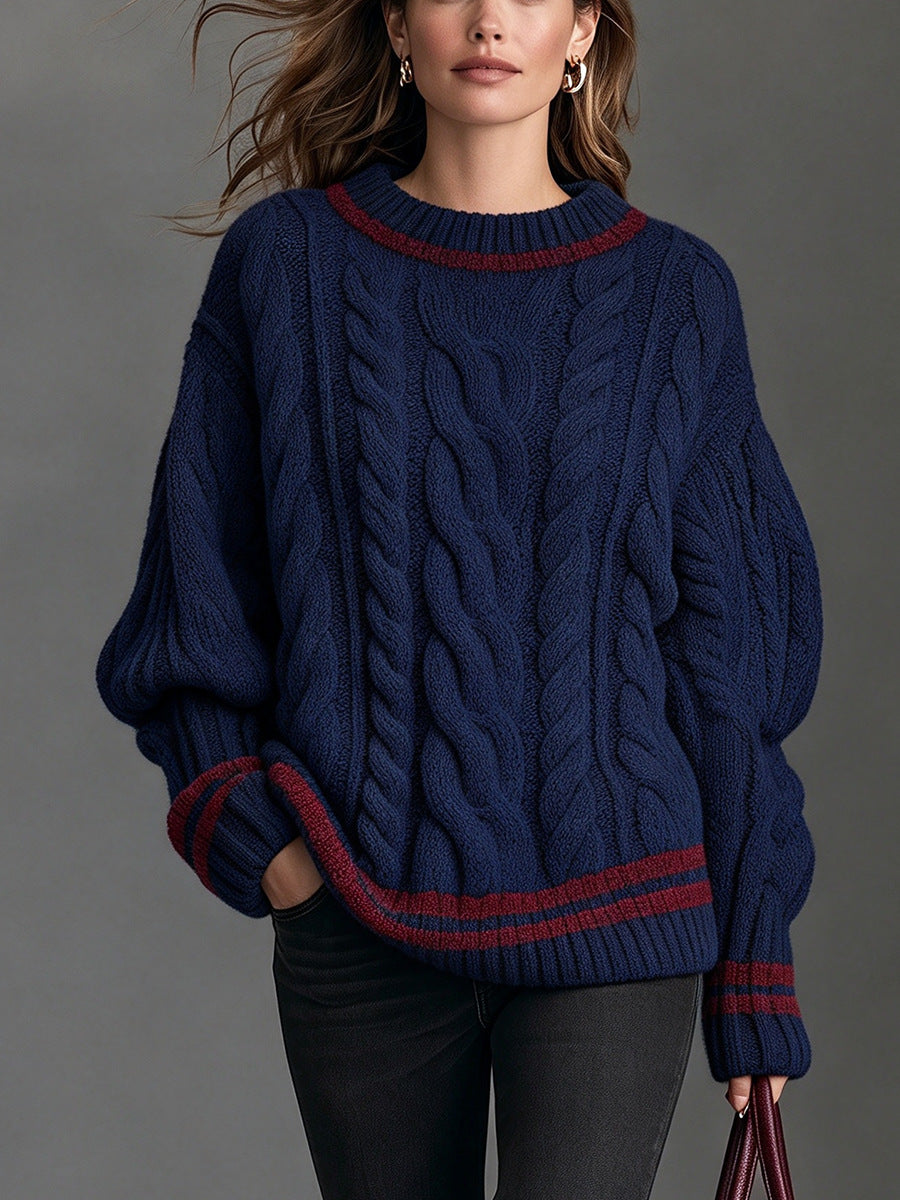 Casual Cable-Knit Long-Sleeve Crew-Neck Sweater