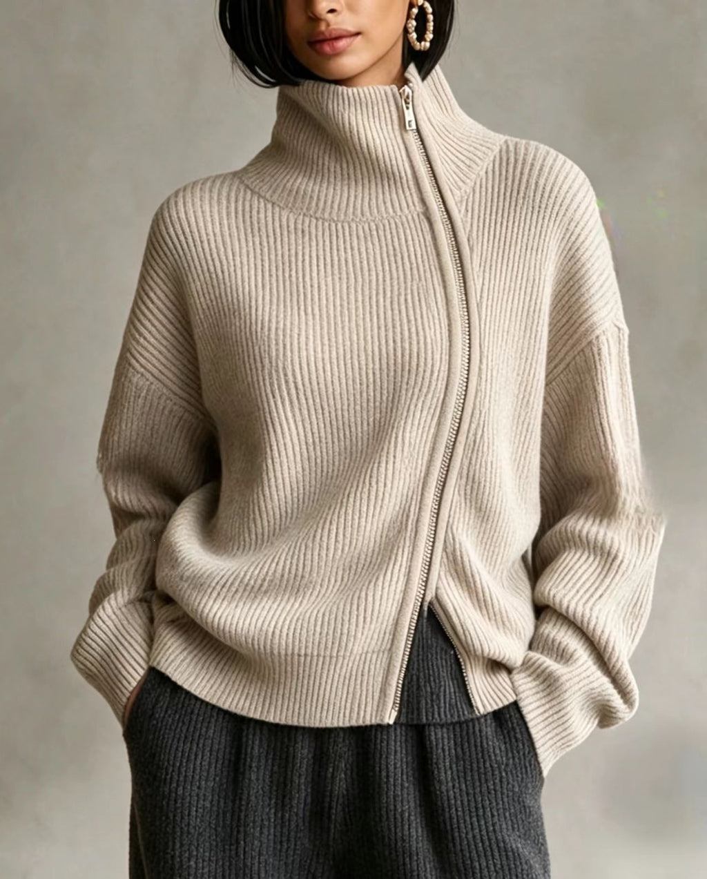 Diagonal‑Zip Funnel Neck Knit Sweater