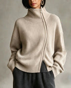 Diagonal‑Zip Funnel Neck Knit Sweater