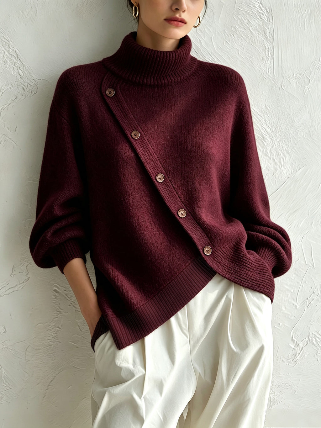 Turtleneck Knit Sweater With Diagonal Wooden Button Detail
