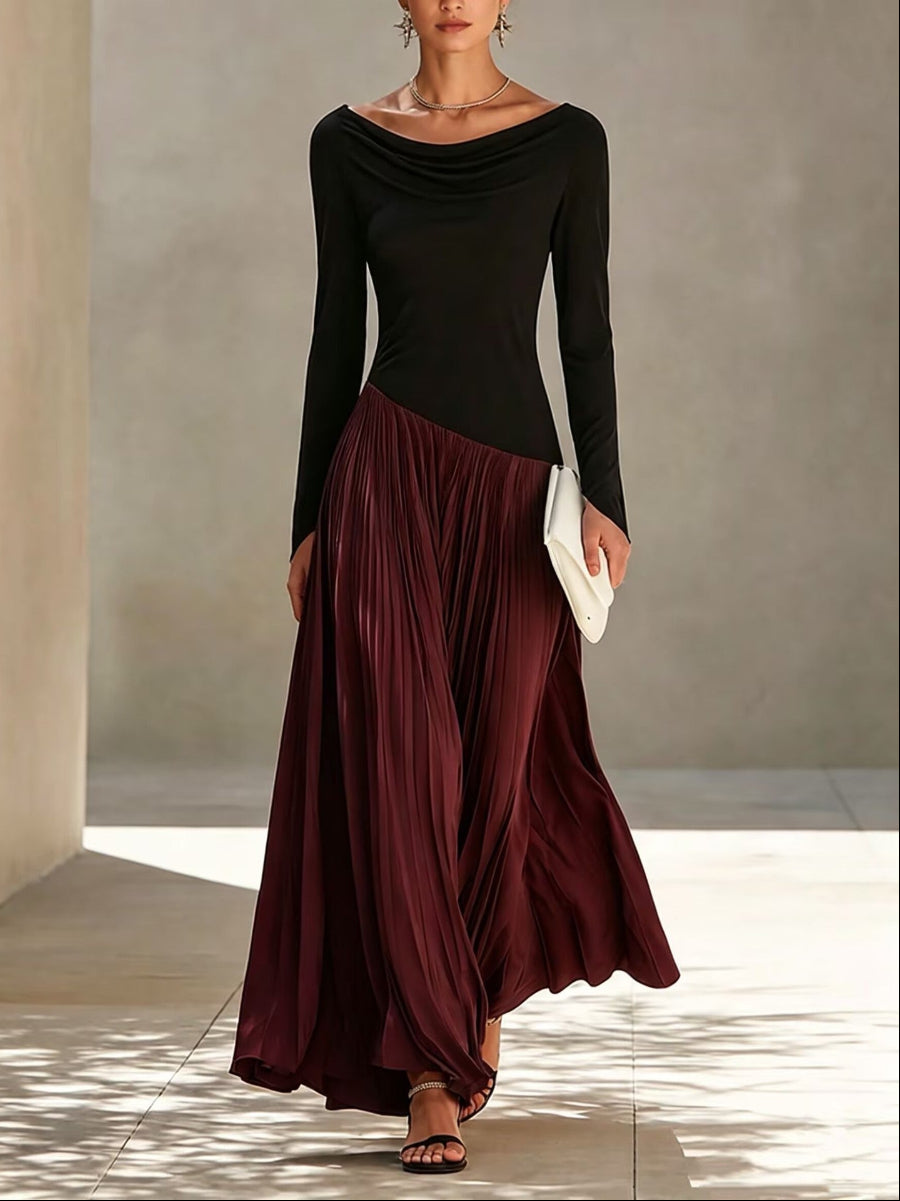 Minimalist Two-Tone Color-Block Maxi Dress With Drape Neckline