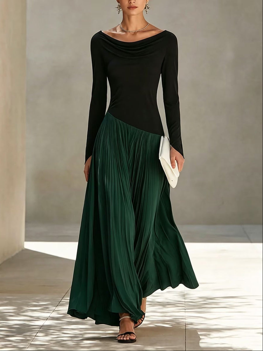 Minimalist Two-Tone Color-Block Maxi Dress With Drape Neckline