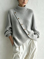 Turtleneck Knit Sweater With Diagonal Wooden Button Detail