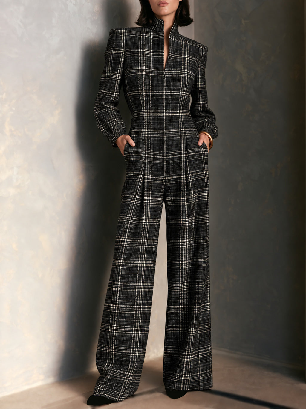 Vintage Plaid Woolen Stand Collar Wide Leg Jumpsuit