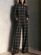 Vintage Plaid Woolen Stand Collar Wide Leg Jumpsuit