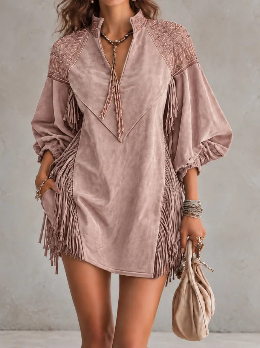Embroidered Fringe Mini Dress