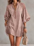 Embroidered Fringe Mini Dress