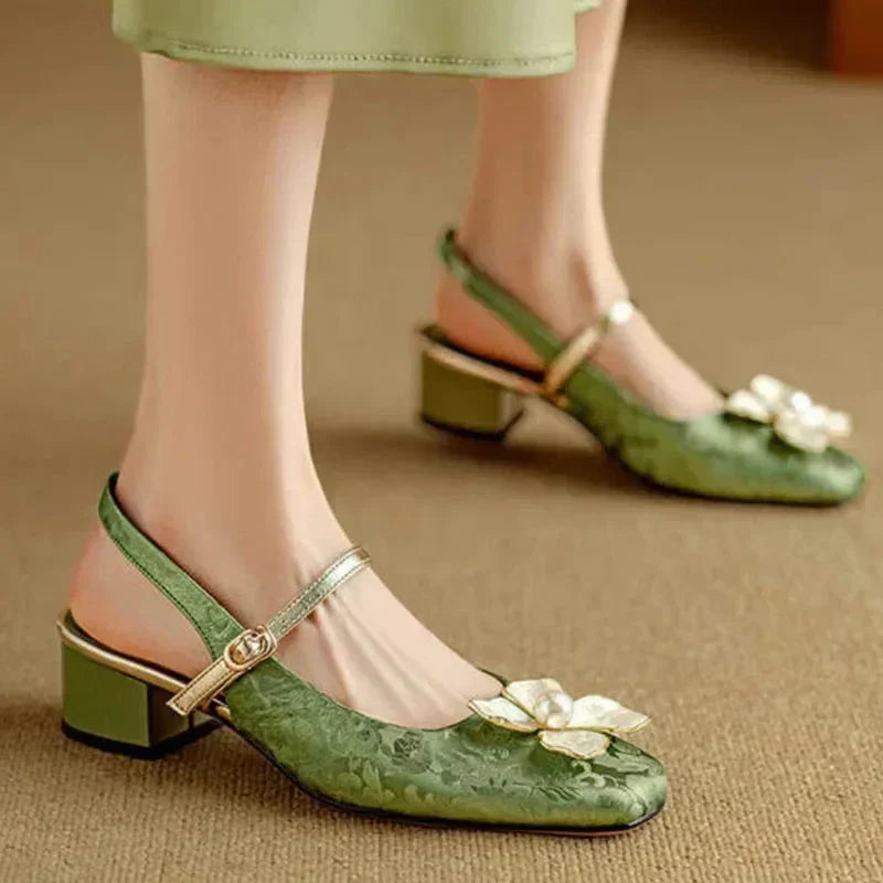 Floral Appliqué Jacquard Slingback Heels