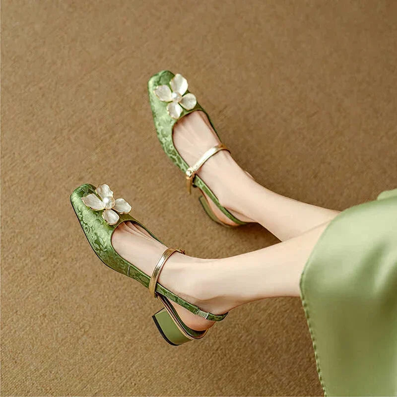 Floral Appliqué Jacquard Slingback Heels