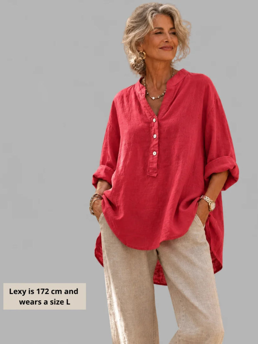 Elegant Cotton-Linen V-Neck Blouse