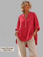 Elegant Cotton-Linen V-Neck Blouse