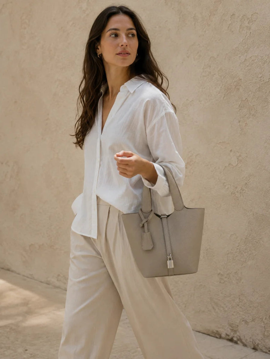 Minimalist Lock-Detail Bucket Tote Bag