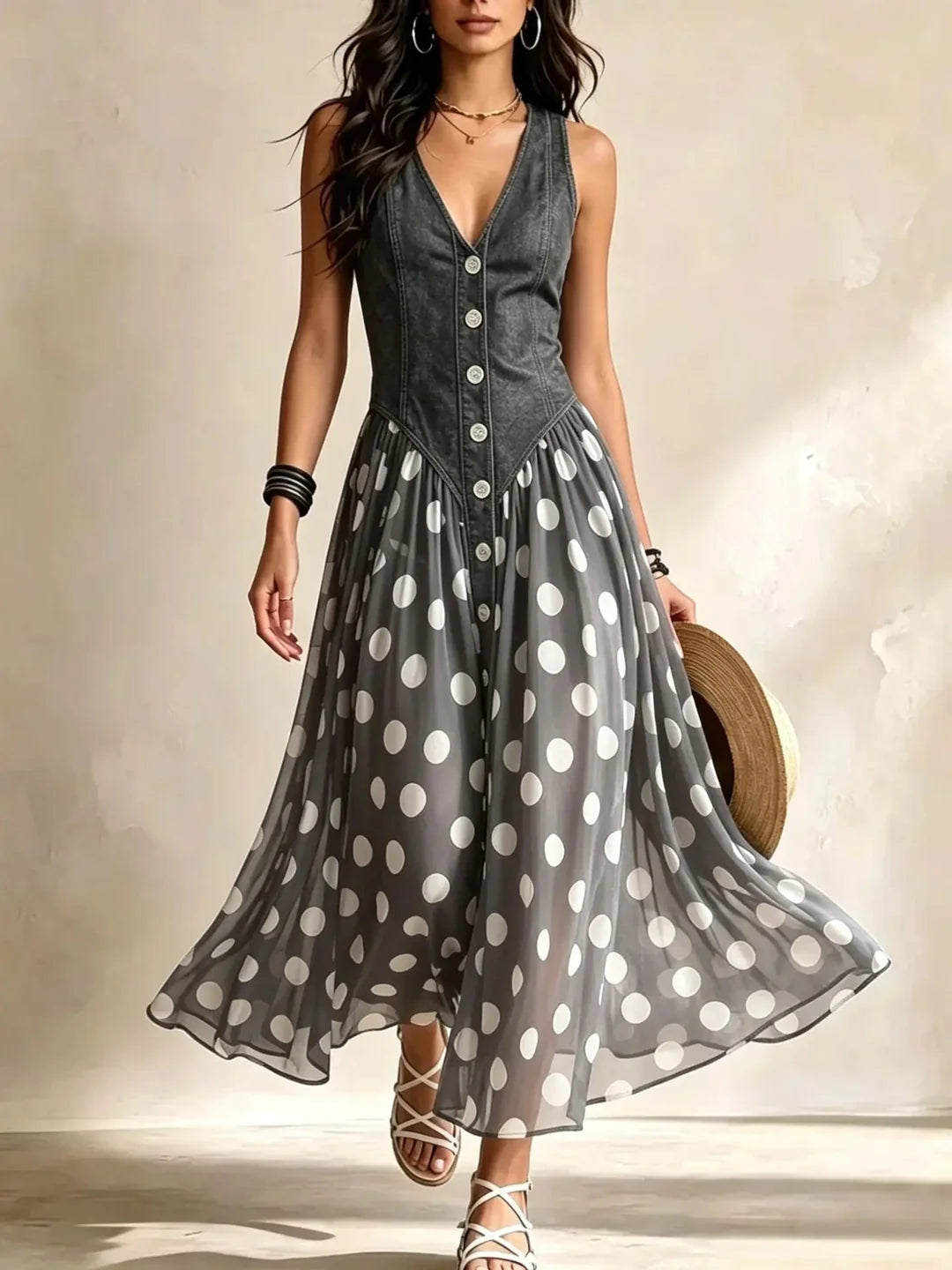Vintage Polka Dot Denim Dress