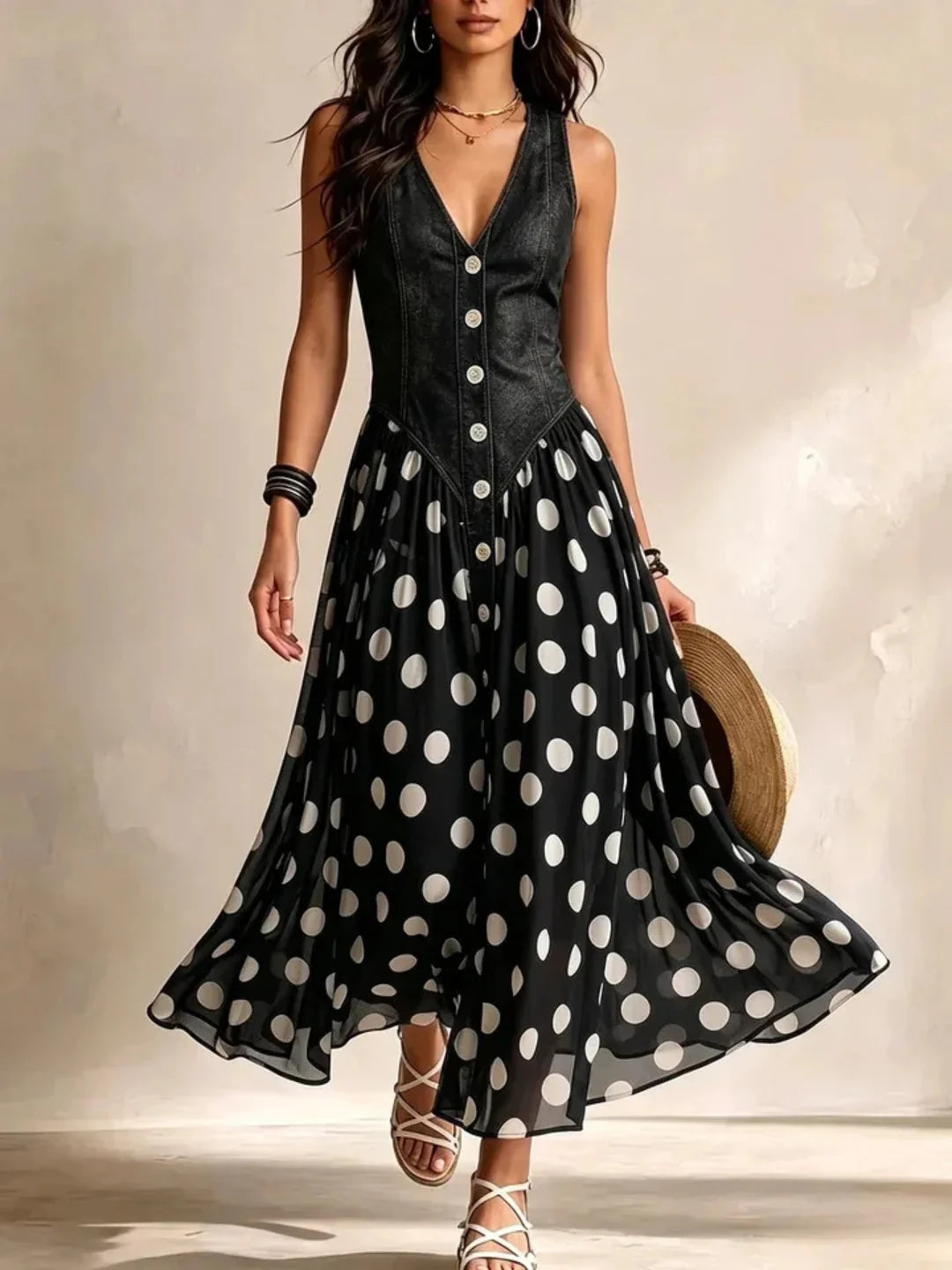 Vintage Polka Dot Denim Dress
