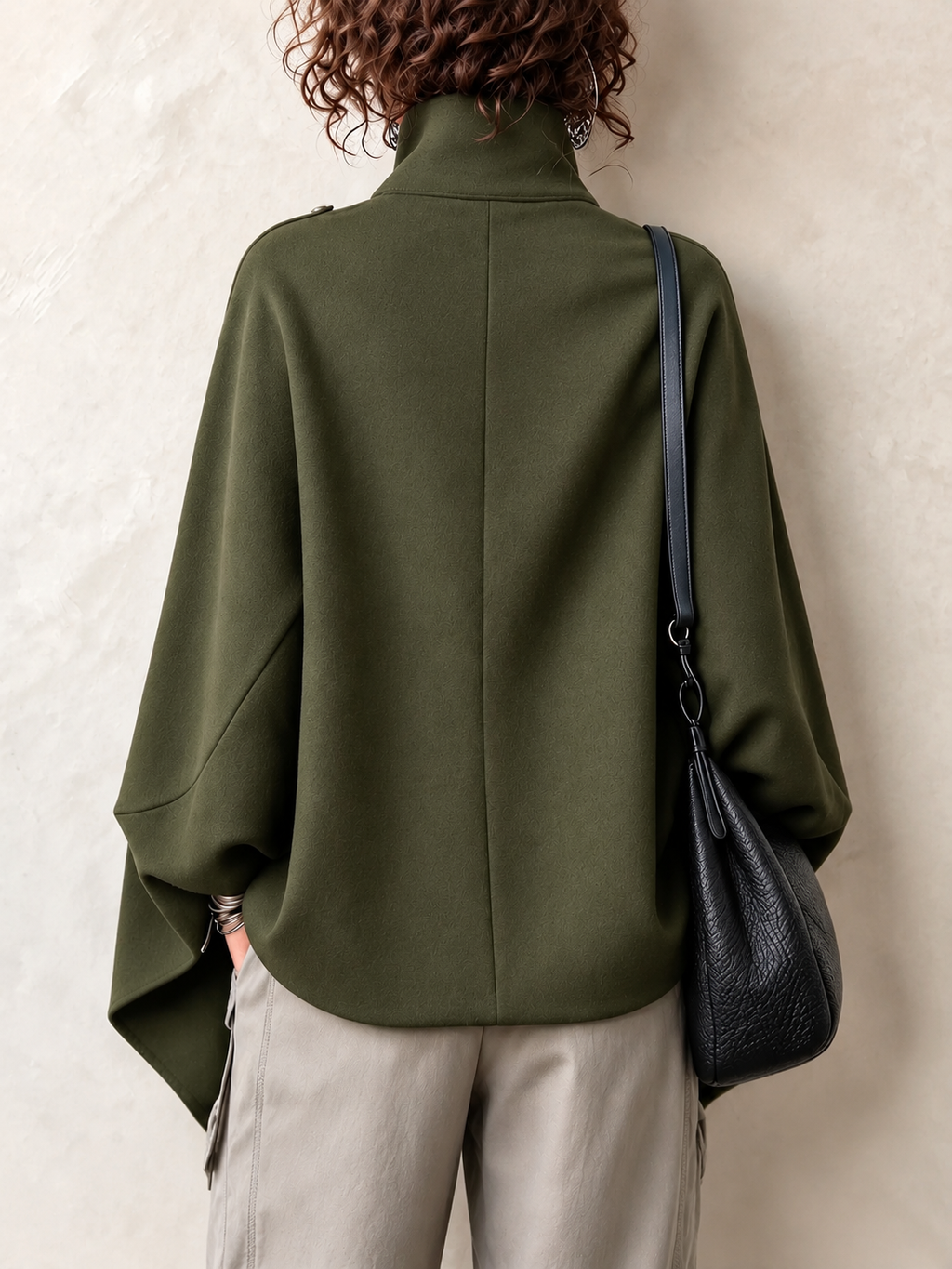 Cozy Stand-collar Stud-embellished Zippered Cape Coat