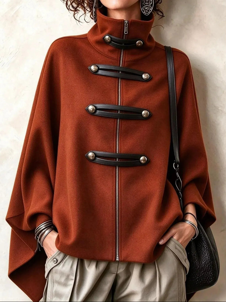 Cozy Stand-collar Stud-embellished Zippered Cape Coat