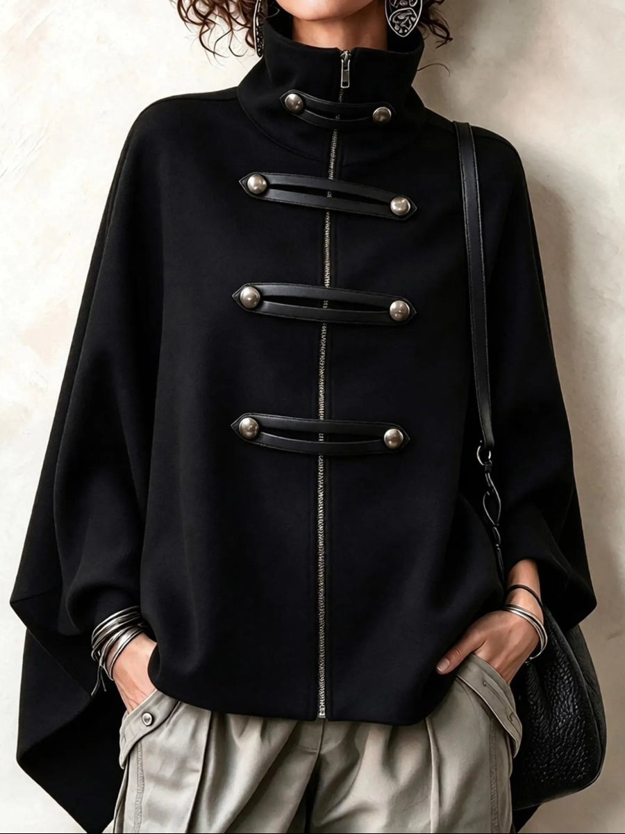 Cozy Stand-collar Stud-embellished Zippered Cape Coat