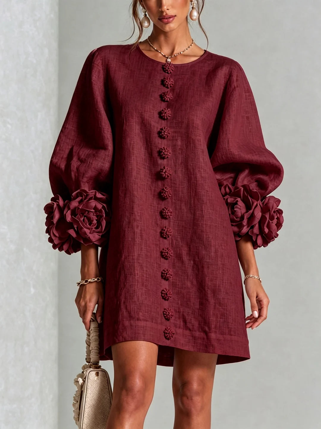 Floral Button Puff Sleeve Linen-Feel Dress