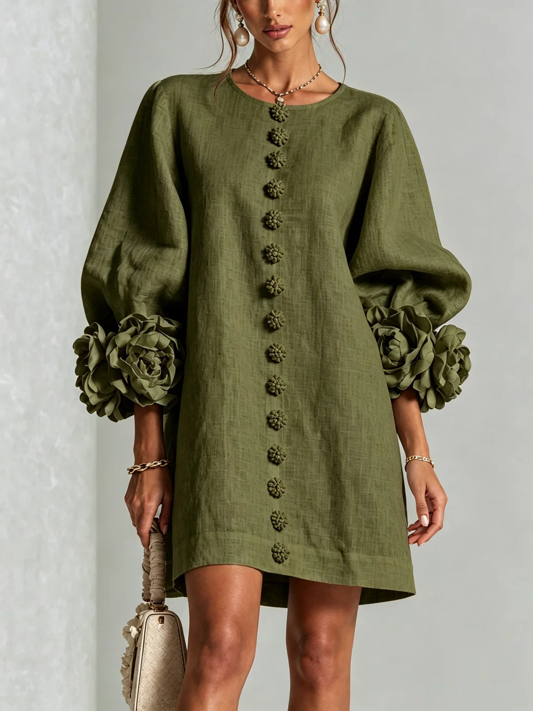 Floral Button Puff Sleeve Linen-Feel Dress