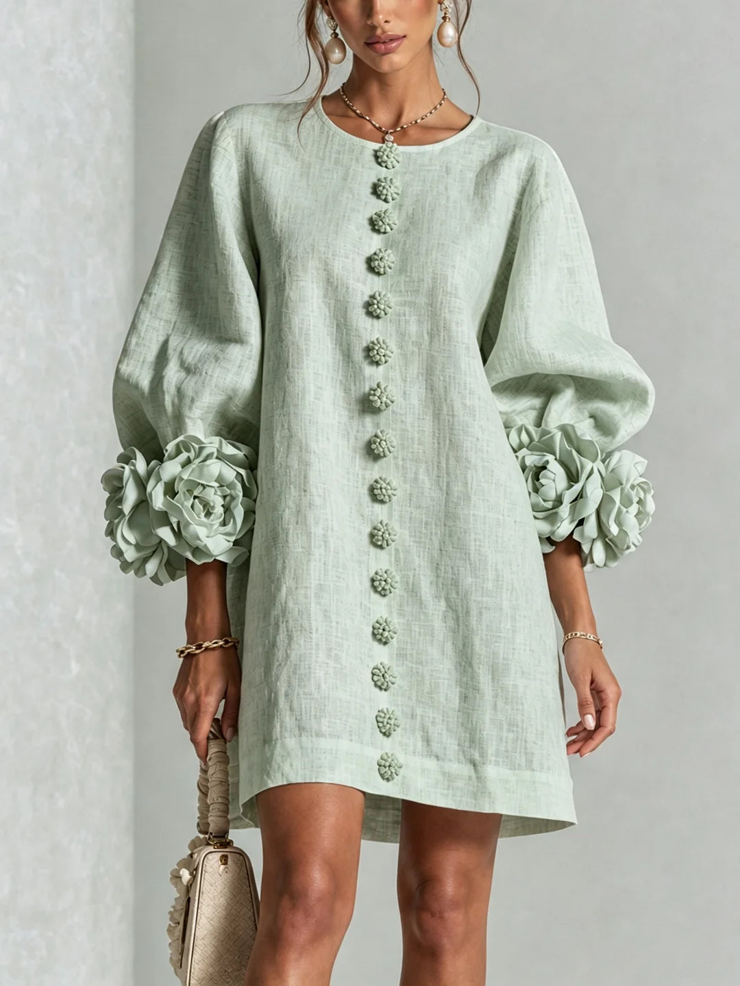Floral Button Puff Sleeve Linen-Feel Dress