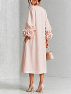 3D Floral Detail Midi Dress with Statement Sleeves