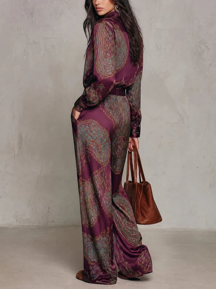 Vintage Paisley Satin Belted Ensemble