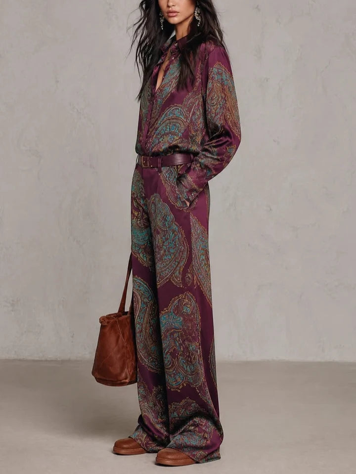Vintage Paisley Satin Belted Ensemble