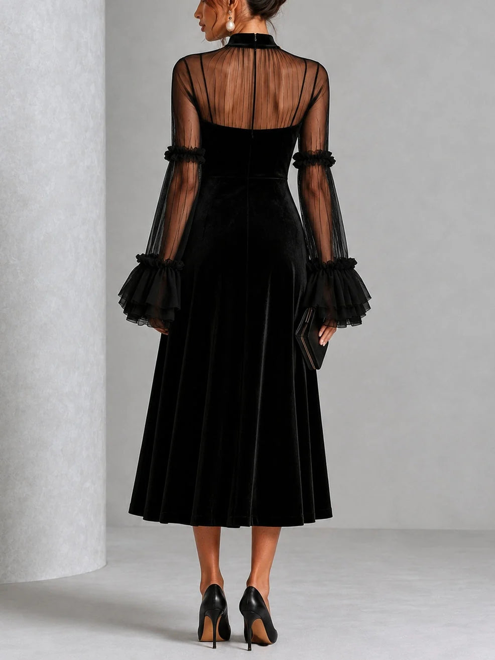 Pleated Black Velvet Midi Dress