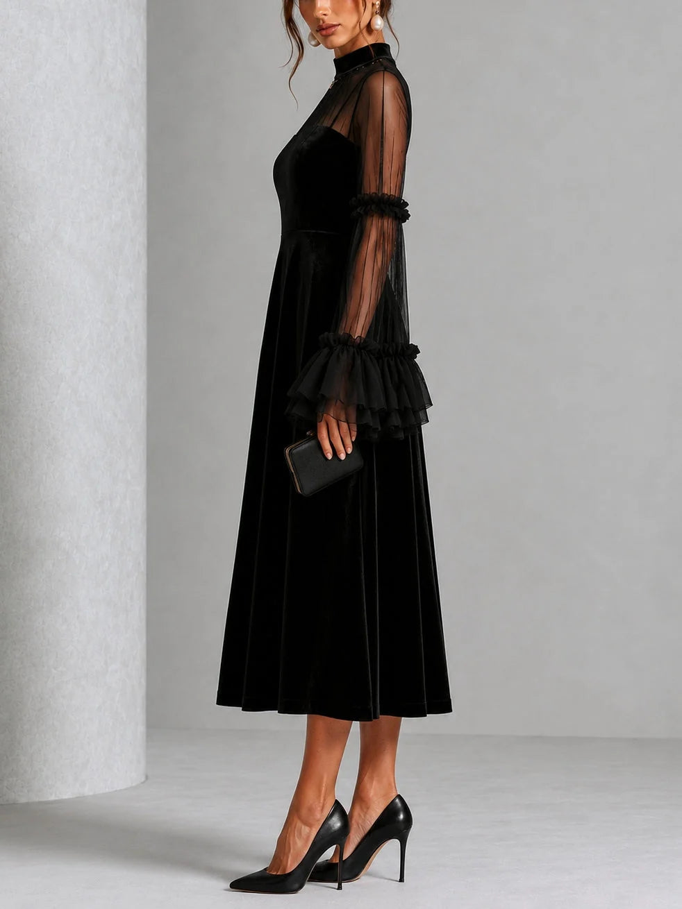 Pleated Black Velvet Midi Dress