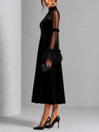 Pleated Black Velvet Midi Dress