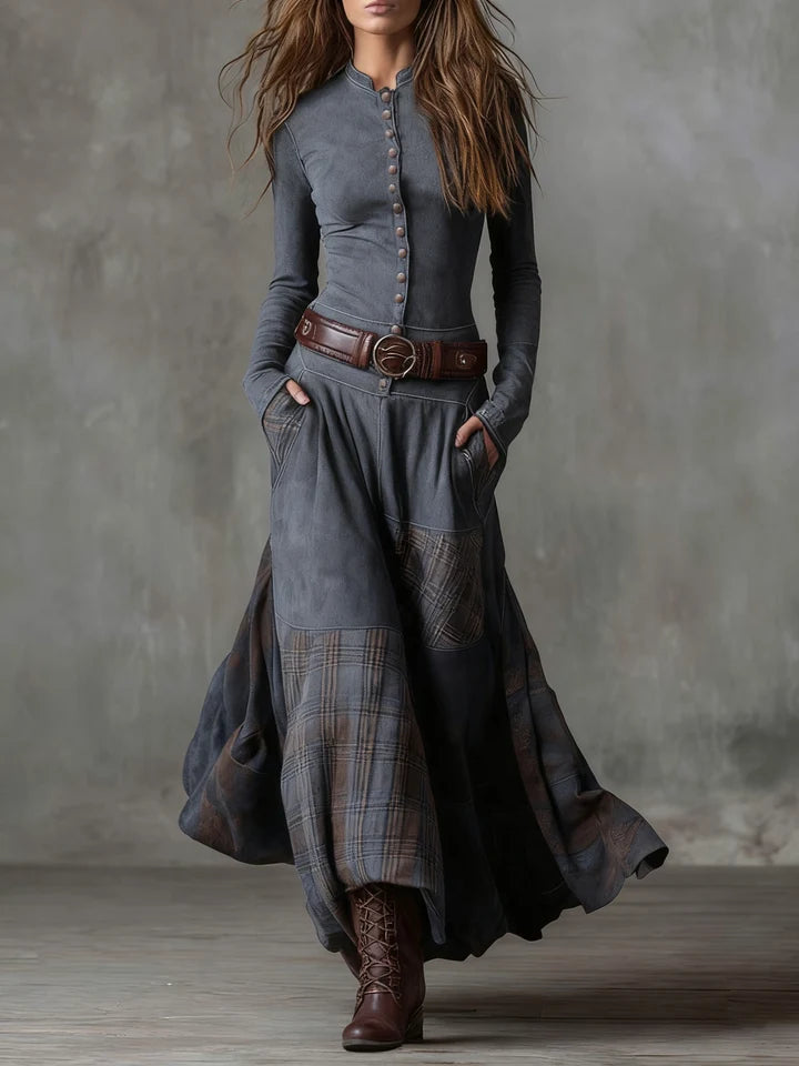 Vintage Plaid Patchwork Maxi Dress