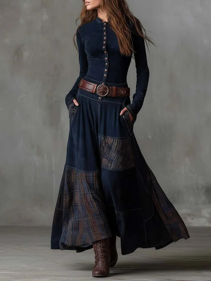 Vintage Plaid Patchwork Maxi Dress