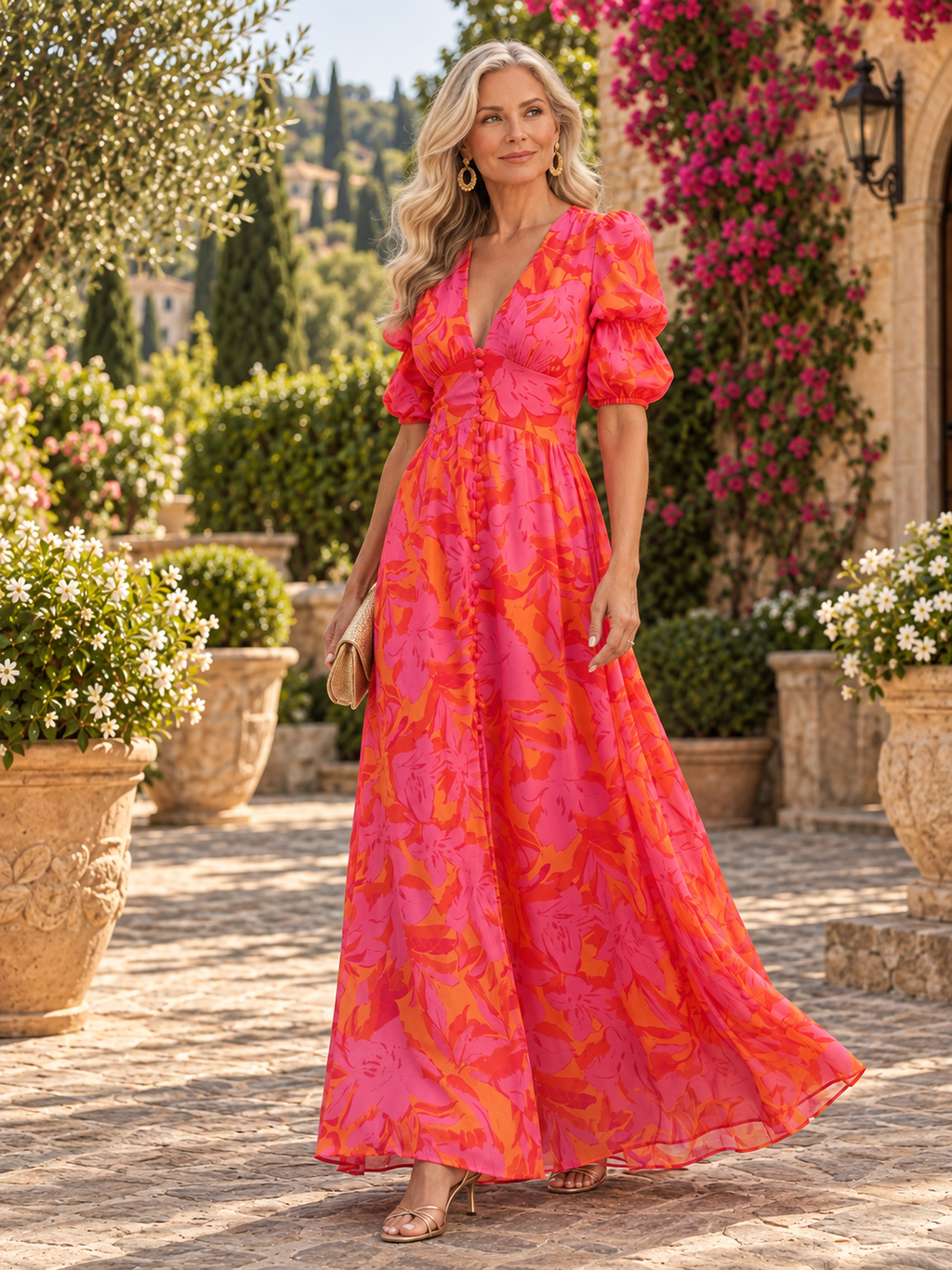 Elegant Floral Maxi Dress with Puff Sleeves