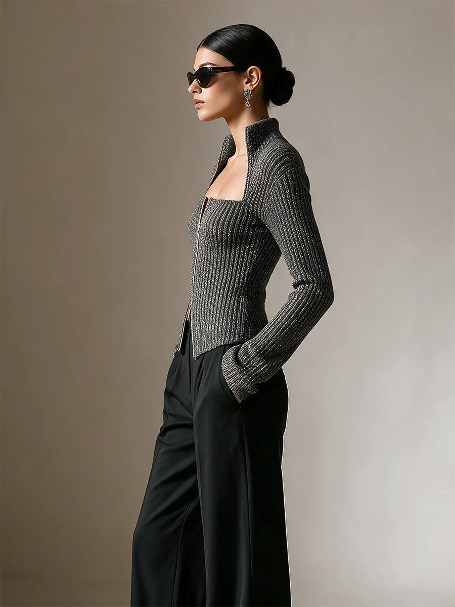 Zip‑Front Cutout Knit