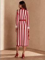 Striped Belted Casual Knit Midi Dress