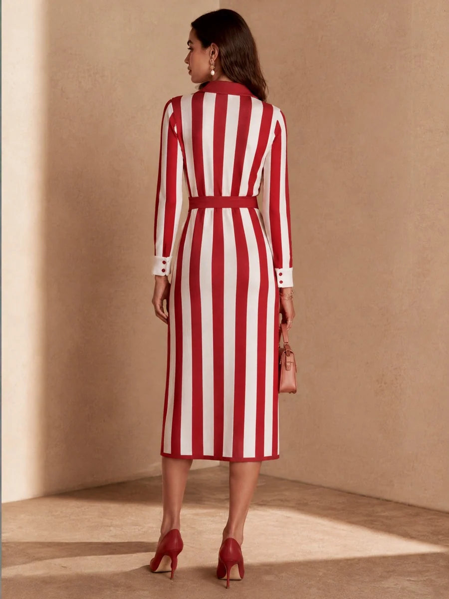 Striped Belted Casual Knit Midi Dress