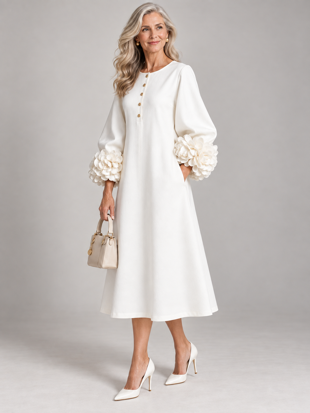 3D Floral Detail Midi Dress with Statement Sleeves