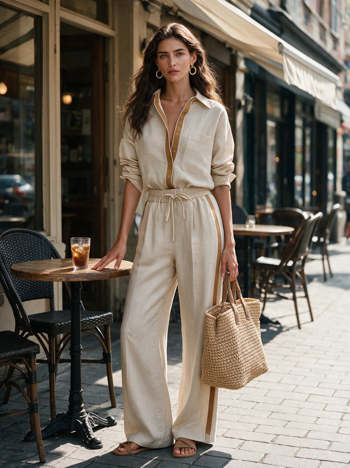 Khaki Cotton-Linen Shirt And Trousers Two-Piece Set