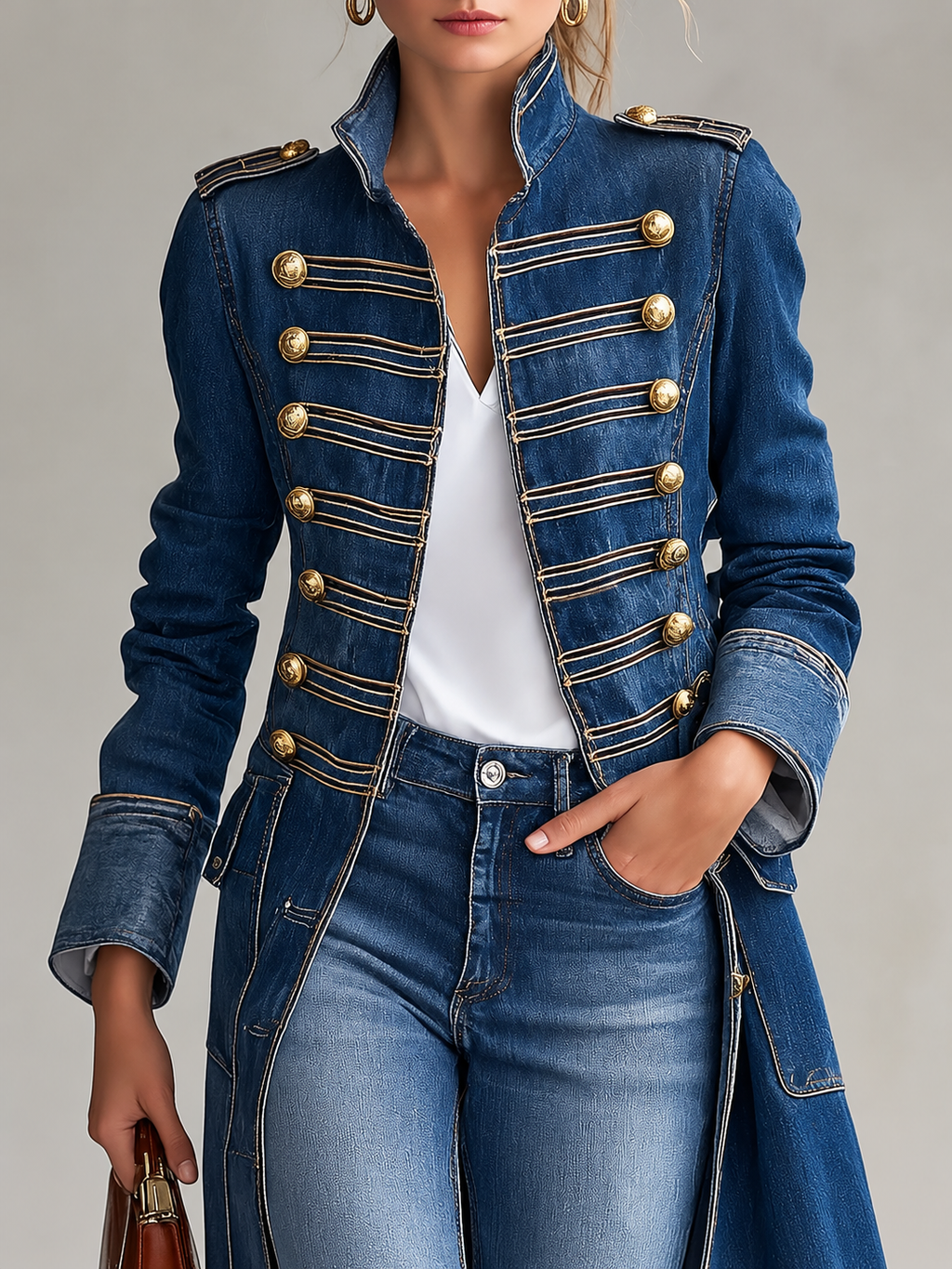 Long Tailored Military Denim Coat with Gold Buttons