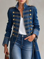 Long Tailored Military Denim Coat with Gold Buttons