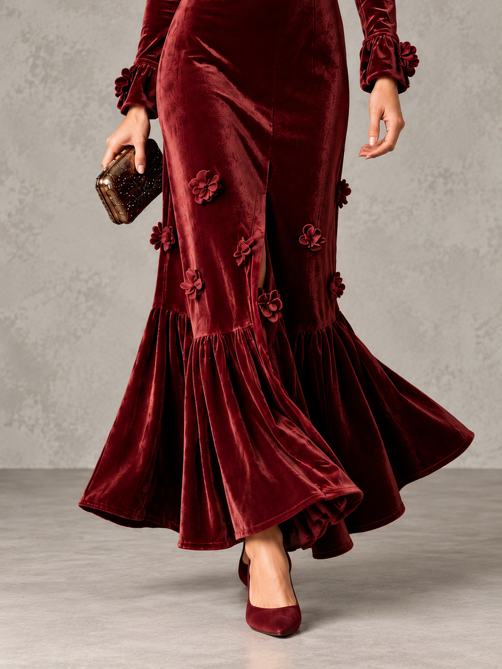 Velvet V-neck Long-sleeve Mermaid Maxi Dress