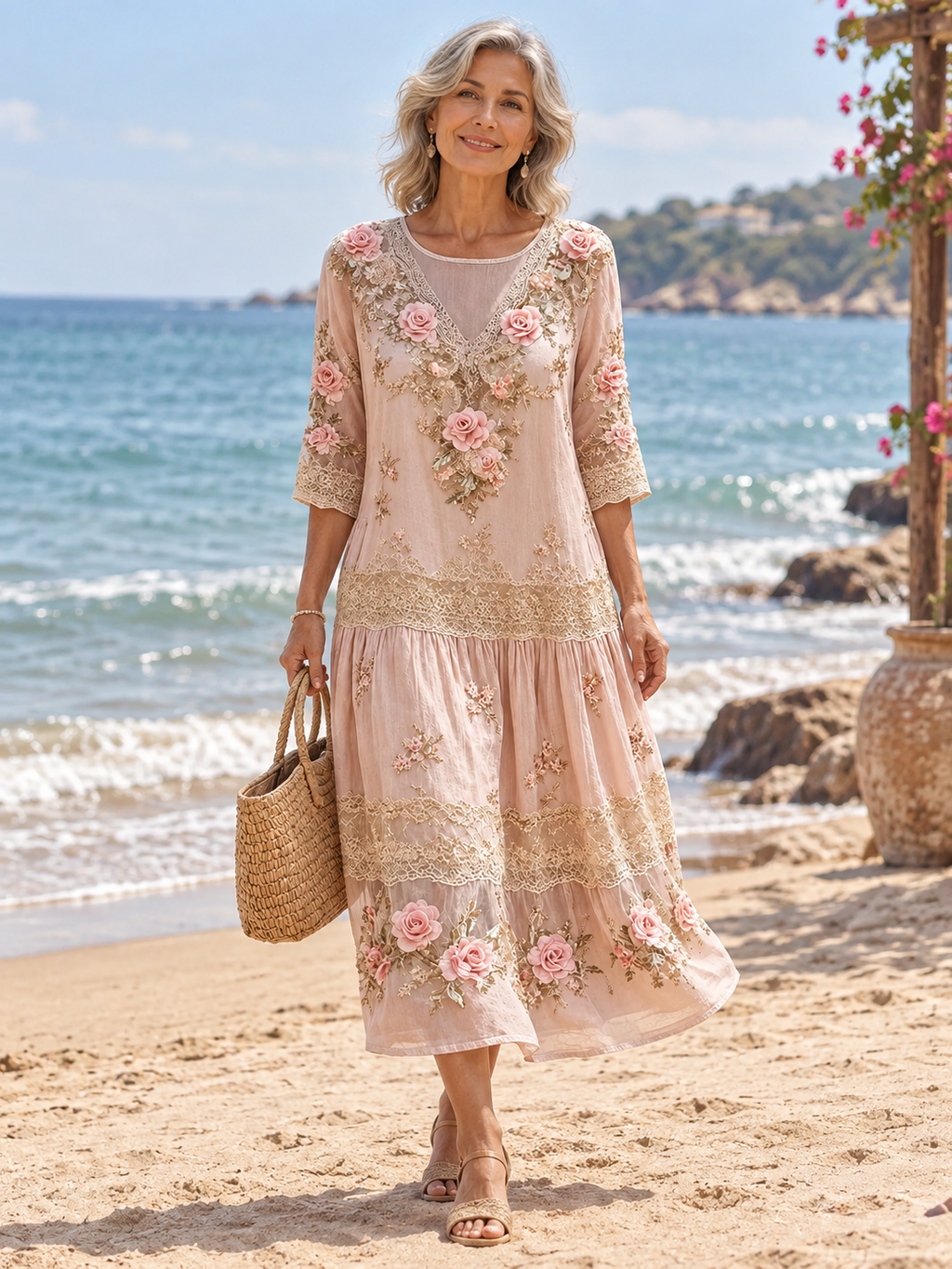 Pink Floral Embroidered Lace Midi Dress with 3/4 Sleeves