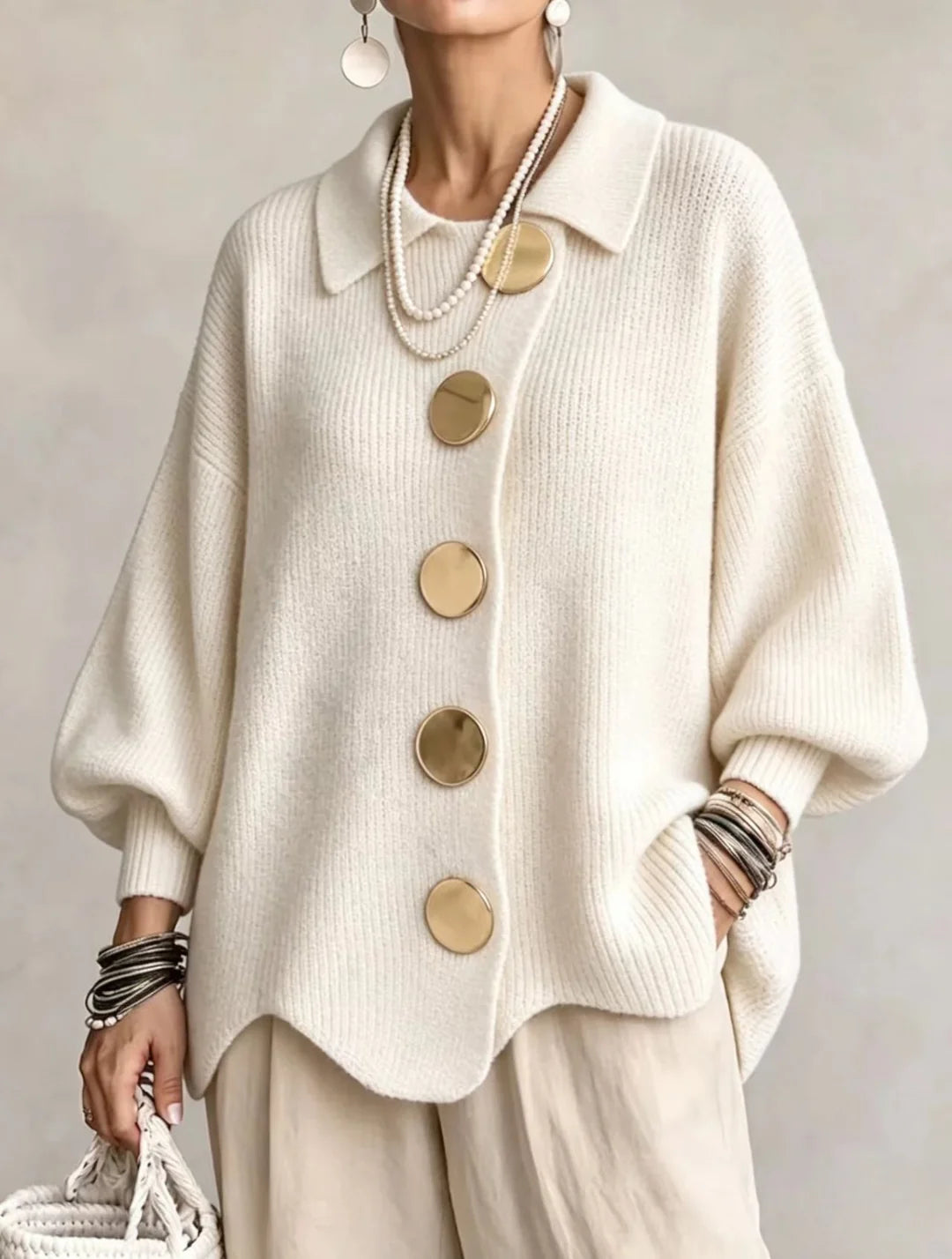 Oversized Collared Cardigan With Large Metal Buttons
