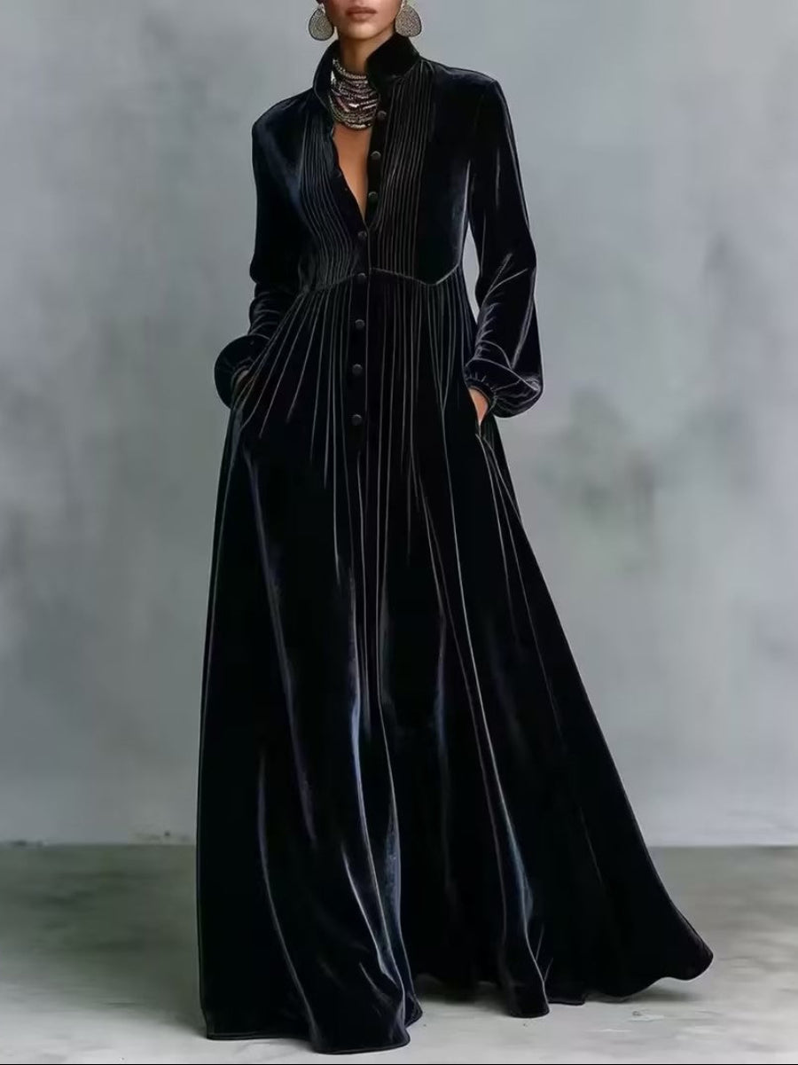 Velvet Button Front Maxi Dress