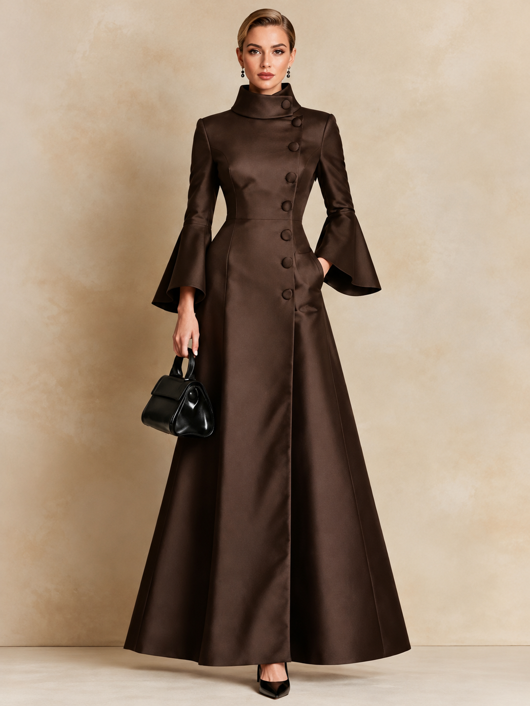 Elegant High-Collar Bell Sleeve Maxi Dress