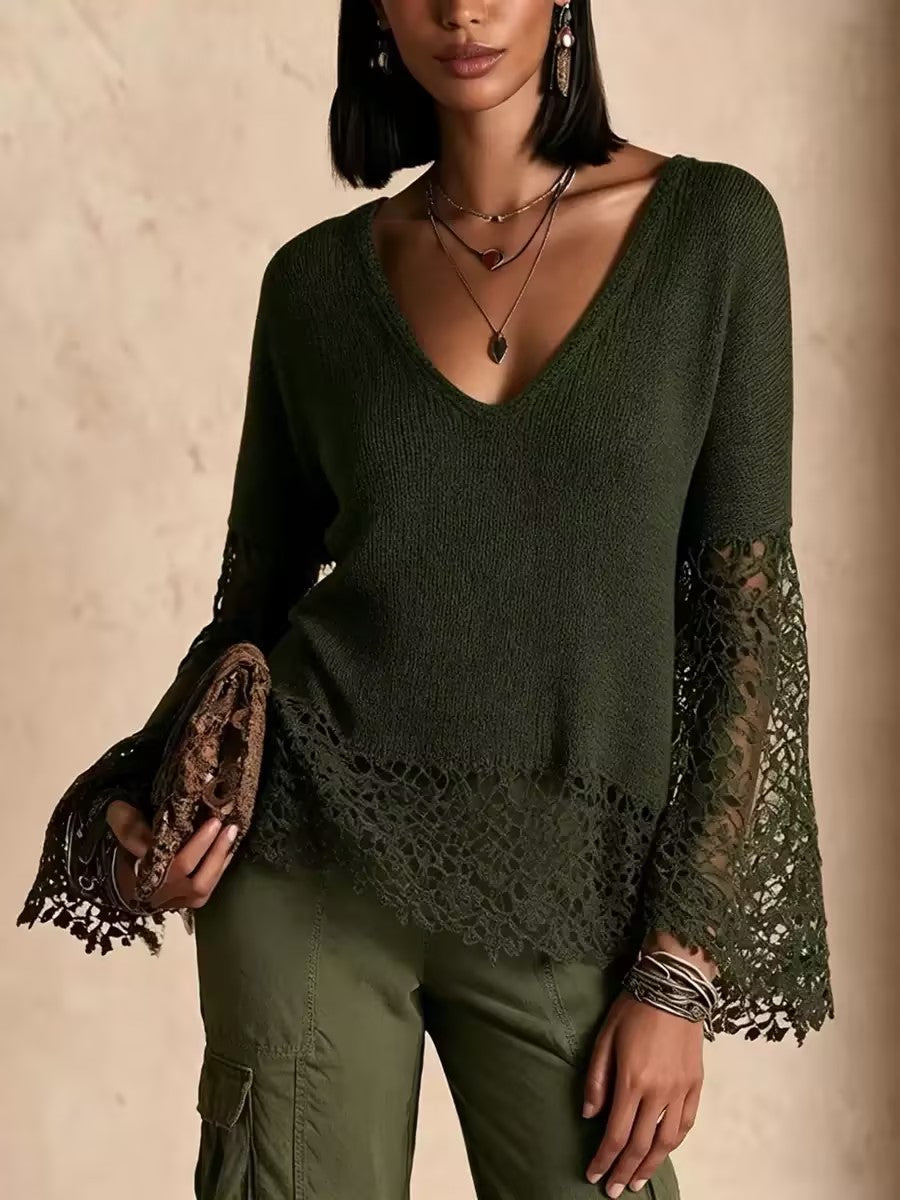 Lace Panel Bohemian Bell Sleeve Sweater