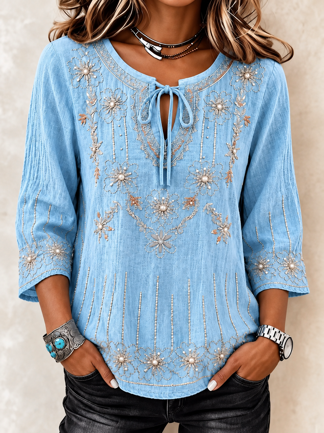 Floral Embroidered Split V-Neck 3/4 Sleeve Blouse