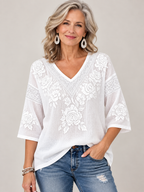Floral Embroidered Lace Trim V Neck 3/4 Sleeve Blouse