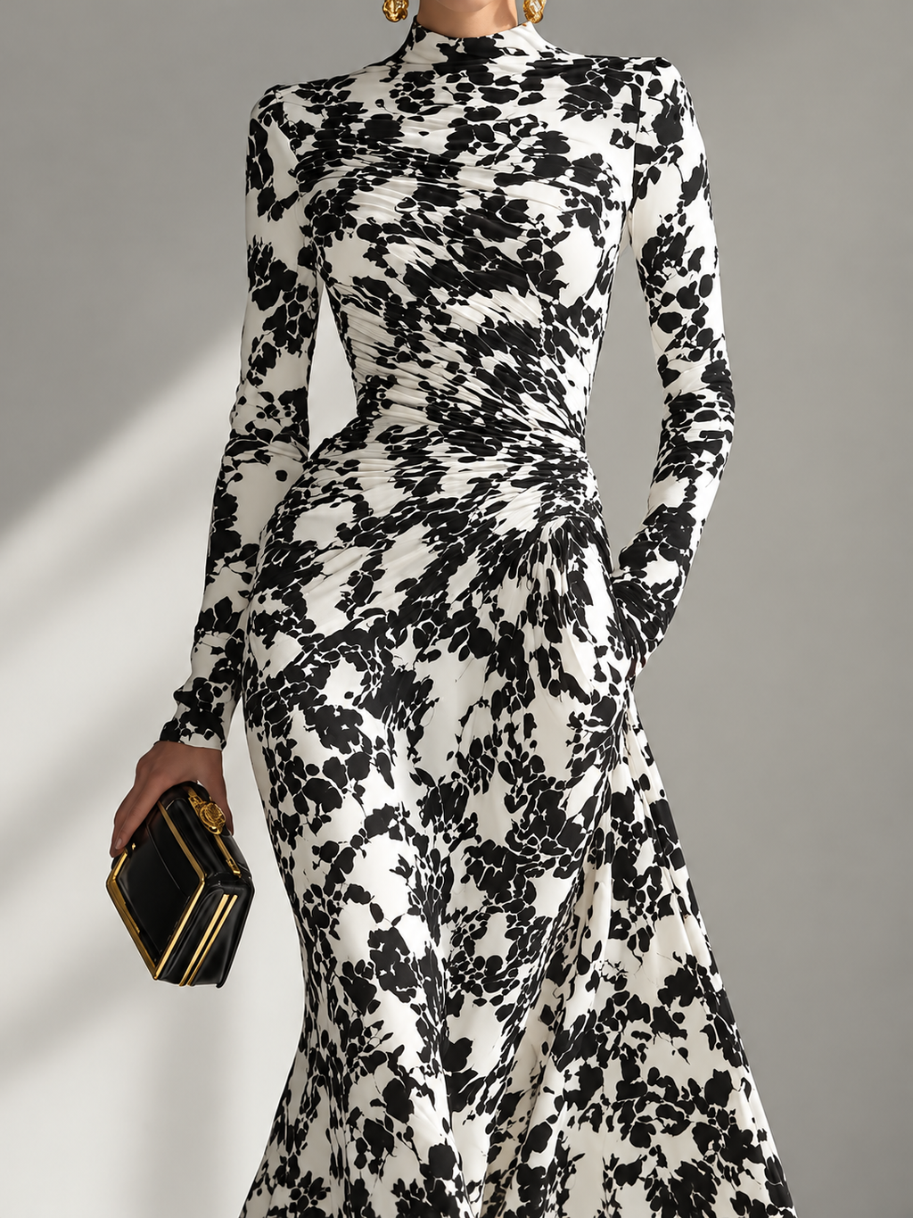 High-Neck Long Sleeve Floral Print Maxi Dress