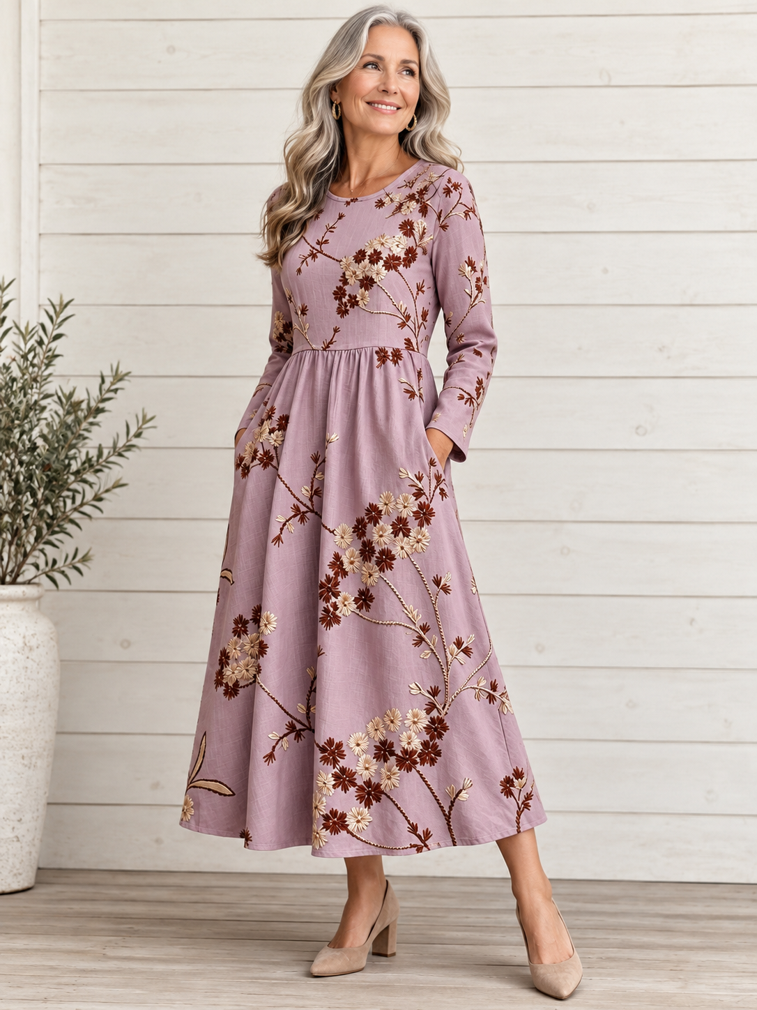 Light Purple Floral Print Round Neck Long Sleeve Midi Dress